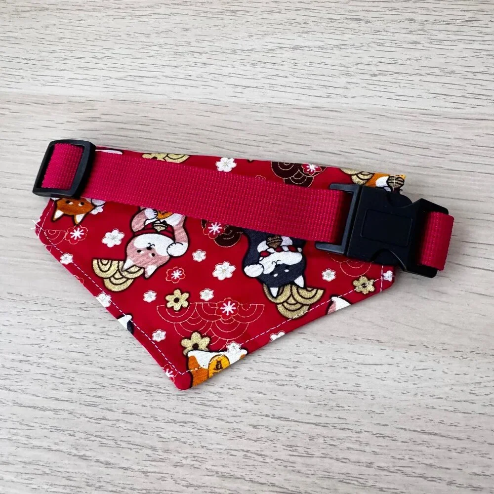 Japanese Fortune Dog Bandana Collar Adjustable Pet Bandana Red Size M